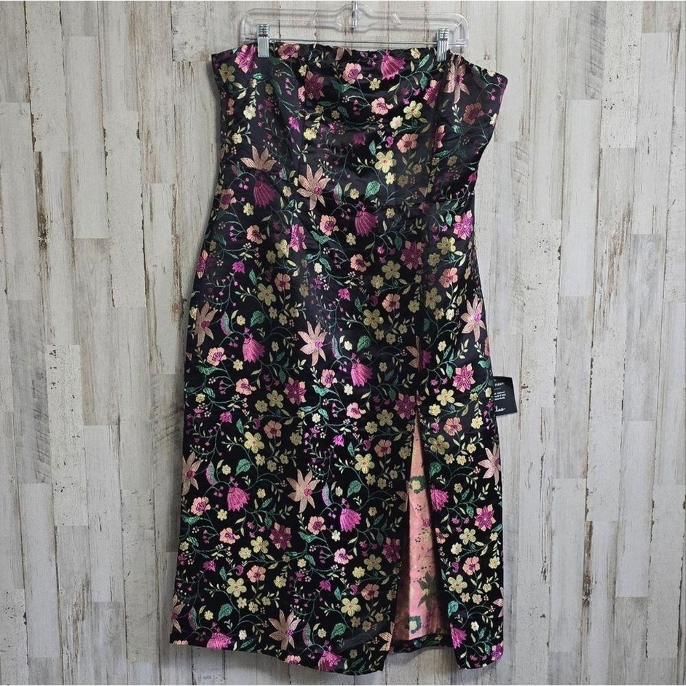 Lulus Black Satin Floral Jacquard Strapless Midi Dress High Waist Size Medium